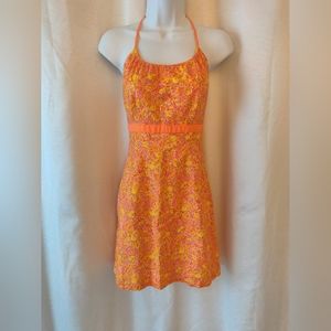 Vintage Shoshanna luxury designer cotton open back halter orange floral dress